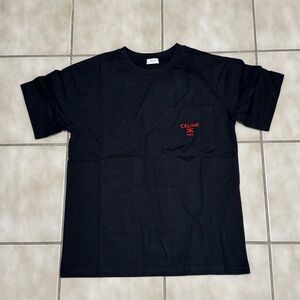Celine Black Pocket Tee with Red Chest Logo